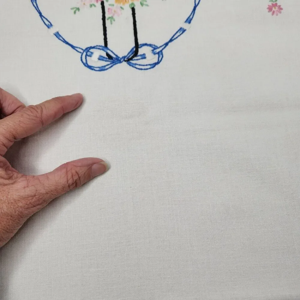 Embroidered Table Runner Dresser‎ Scarf Baskets Flowers 17in x 38in Stains